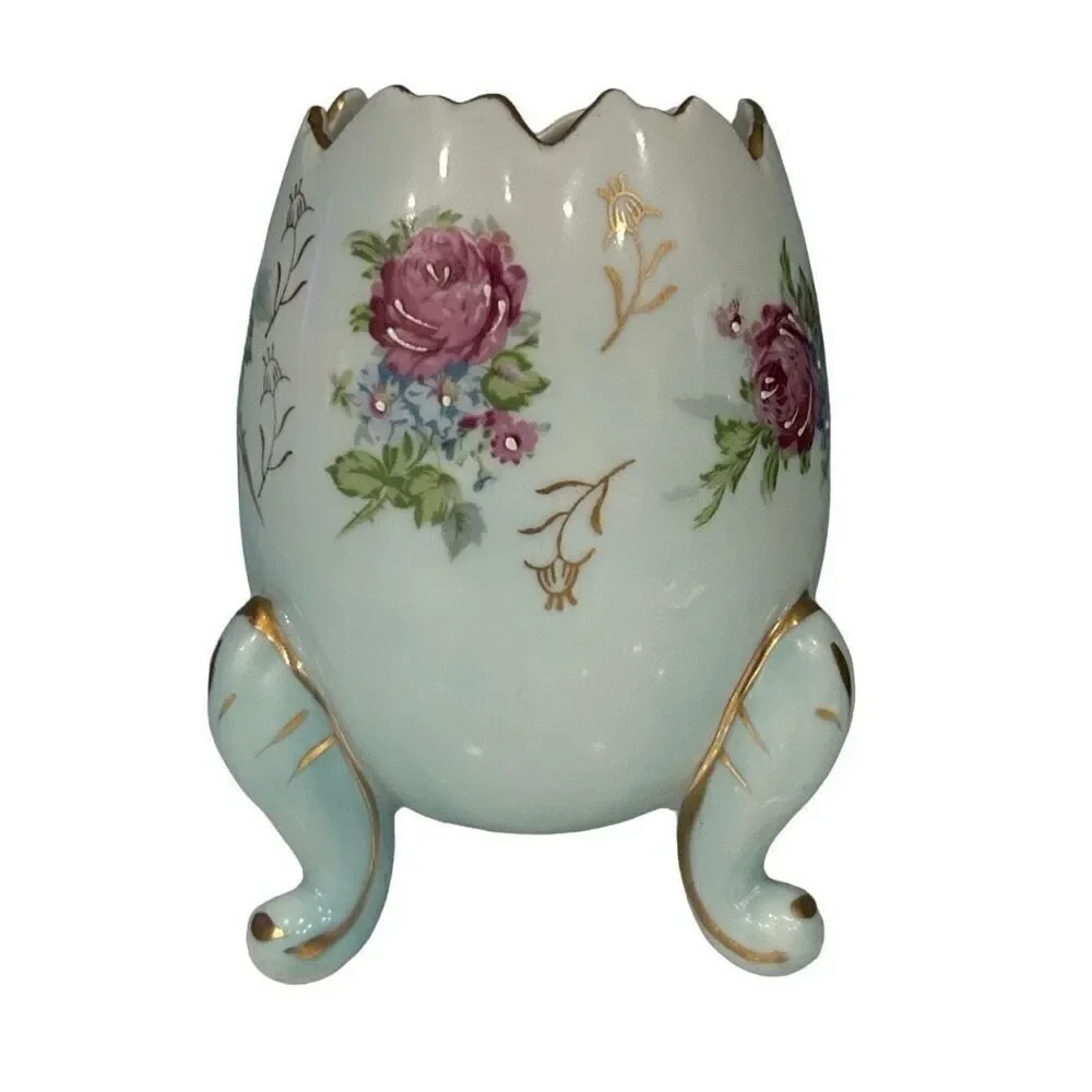 Vtg Napcoware Cracked Egg Porcelain Vase Medium Multi Floral Gold Trim Footed